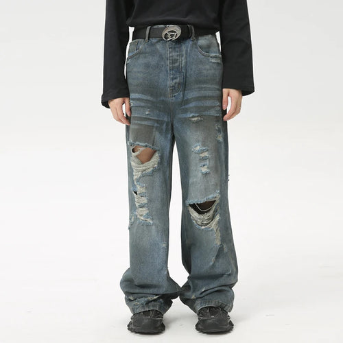 Load image into Gallery viewer, High Street Worn-out Male Denim Pants Straight Loose Men Jeans Washed Hole Design Hip Hop Zipper Men Clothing 9C6087
