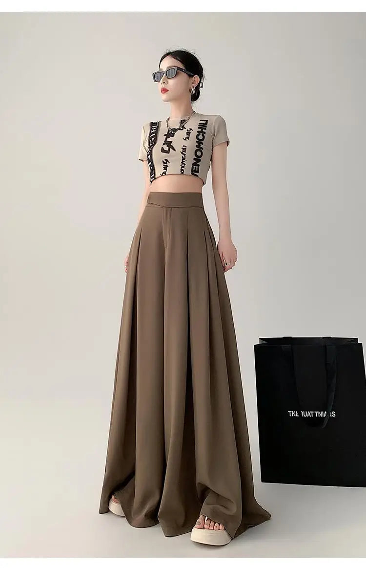 Women Black Elegant Wide Leg Long Pant Summer Brown High Waist Baggy Pleated Trousers Gray Pockets Fashion Simplicity Fashion