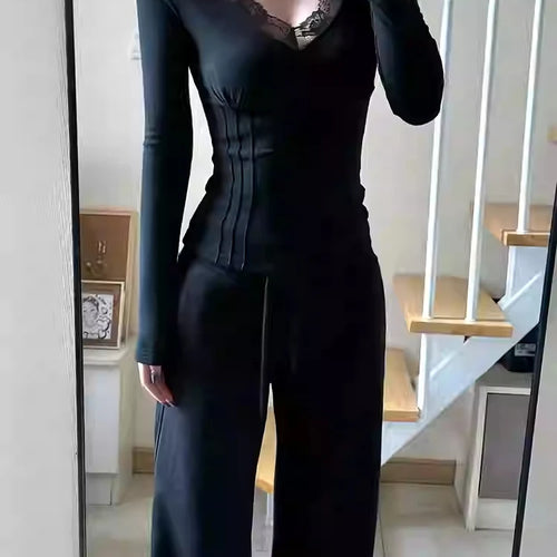 Load image into Gallery viewer, Sexy Lace Patchwork Cropped Tops Women Y2k Aesthetic Bodycon Vintage T-shirt Harajuku Fairy Grunge Pleated Clothes Streetwear
