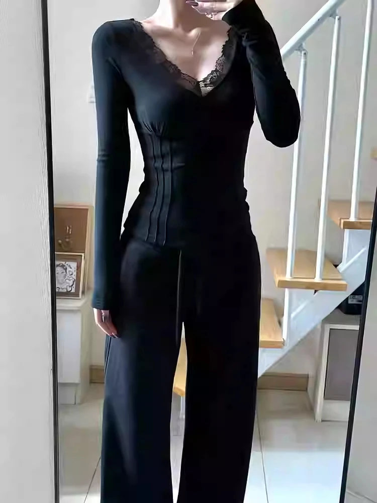 Sexy Lace Patchwork Cropped Tops Women Y2k Aesthetic Bodycon Vintage T-shirt Harajuku Fairy Grunge Pleated Clothes Streetwear