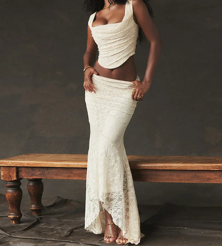 Elegant Women 2 Piece Dress Set 2023 Maxi Wedding Guest Dress Lace Up Crop Top and Maxi Skirt Set Formal Event Dress