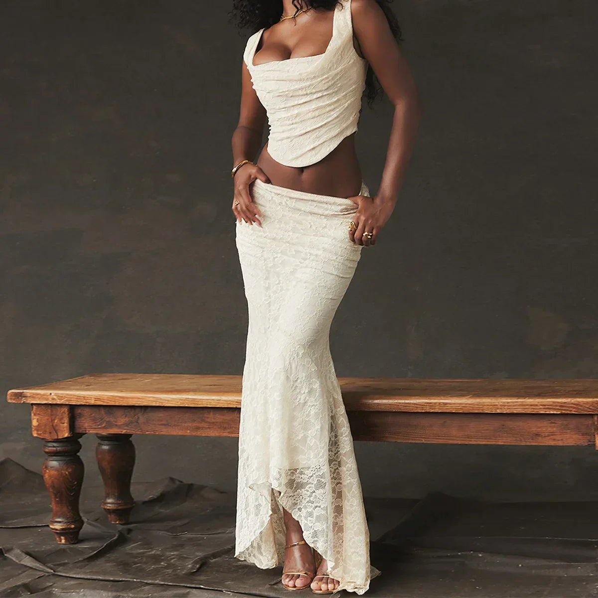 Elegant Women 2 Piece Dress Set 2023 Maxi Wedding Guest Dress Lace Up Crop Top and Maxi Skirt Set Formal Event Dress