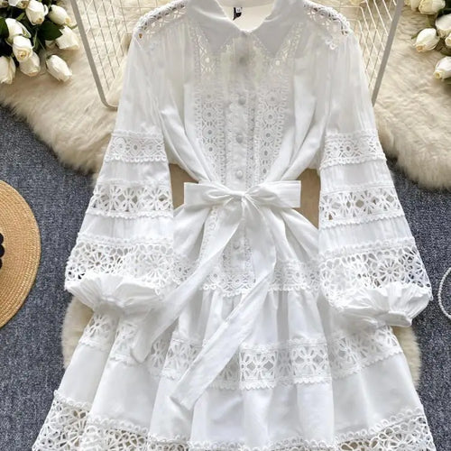 Load image into Gallery viewer, Summer French Black Embroidery Hollow Out Bandage Mini Dress Women White Elegant Single Breasted Lantern Sleeve Party Slim Dress
