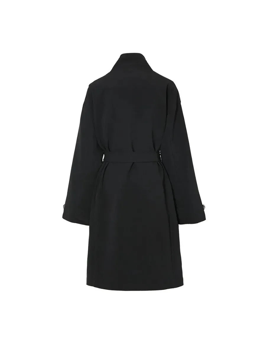 Solid Spliced Button Chic Trench for Women Stand Neck Long Sleeve High Waist Elelgant Long Coats Female