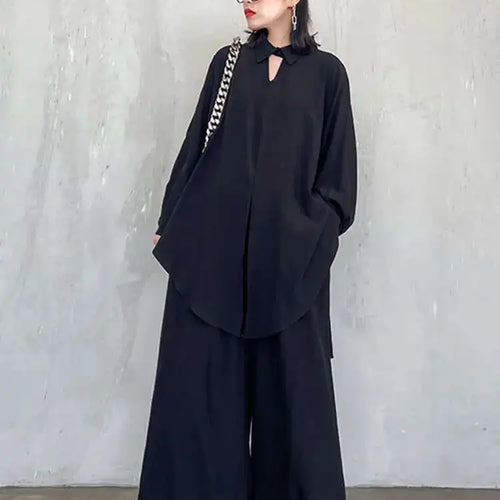 Load image into Gallery viewer, Wide Leg Pants Big Size Two Piece Suit New Lapel Long Sleeve Black Loose Fit Women Fashion Tide Spring Autumn 2025 1DF0685
