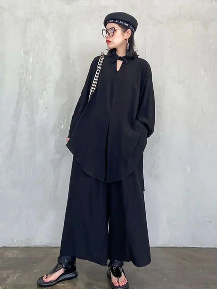 Wide Leg Pants Big Size Two Piece Suit New Lapel Long Sleeve Black Loose Fit Women Fashion Tide Spring Autumn 2025 1DF0685