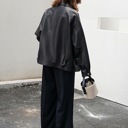 Load image into Gallery viewer, Black Belted Big Size Casual PU Leather Jacket New Lapel Long Sleeve Women Coat Fashion Tide Spring Autumn 2025 LA938
