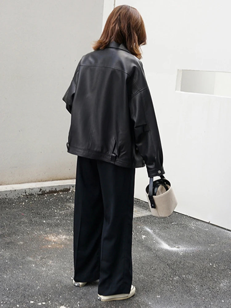 Black Belted Big Size Casual PU Leather Jacket New Lapel Long Sleeve Women Coat Fashion Tide Spring Autumn 2025 LA938