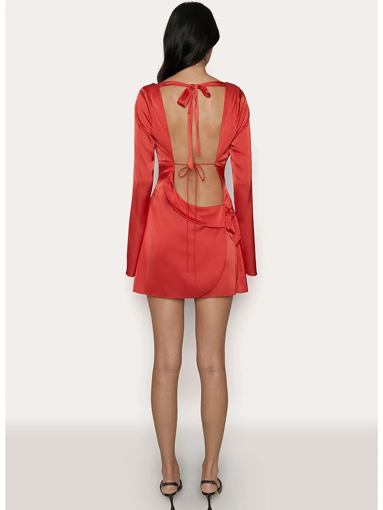 Elegant Long Sleeved Bodycon Dress Women Lace Up Open Back Slim Fit Mini Dress Female Fashion Party Club Evening Dress