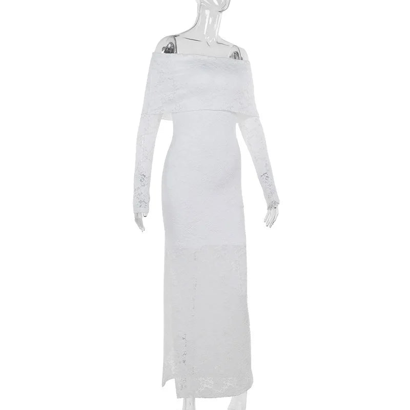 Lace Off-shoulder Sexy Maxi Dress For Women White Strapless Long Sleeve Backless Bodycon Club Party Sexy Long Dress