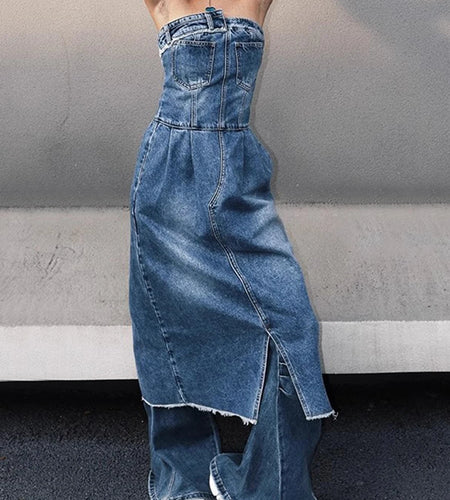 Solid Spliced Button Slimming Dresses For Women Strapless Sleeveless High Waist Temperament Dress Female Fashion