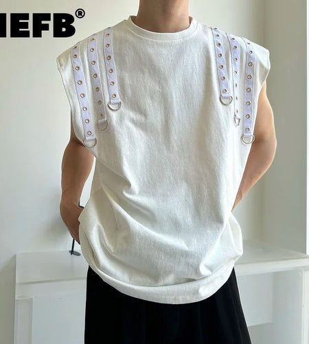 Summer Men's T-shirts Double Riveted Webbing O-neck Sleeveless Casual Male Tops Loose Clothing Fashion 9C6353