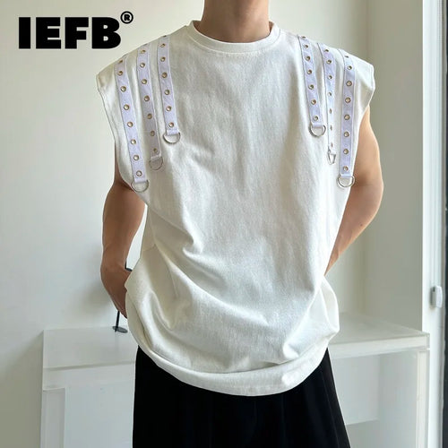 Load image into Gallery viewer, Summer Men&#39;s T-shirts Double Riveted Webbing O-neck Sleeveless Casual Male Tops Loose Clothing Fashion 9C6353
