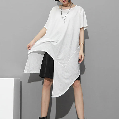 Load image into Gallery viewer, Women White Irregular Hem Big Size Casual Long T-shirt New Round Neck Short Sleeve Fashion Tide Spring Summer 2025 1DJ1802
