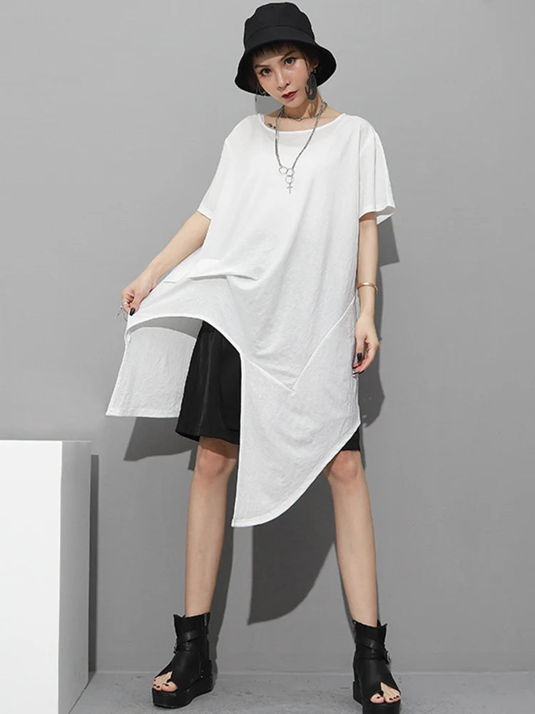 Women White Irregular Hem Big Size Casual Long T-shirt New Round Neck Short Sleeve Fashion Tide Spring Summer 2025 1DJ1802