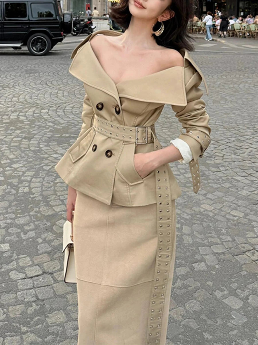 Slimming Spliced Lace Up Elegant Jackets for Women V Neck Long Sleeves Patchwork Double Breasted Jacket Female New