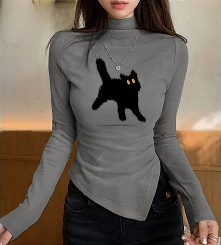 Half High Collar Tunic T Shirts Women Long Sleeve Fashion Tees Korean Camisetas Cat Print Irregular Y2k Tshirts Ropa Mujer 2024