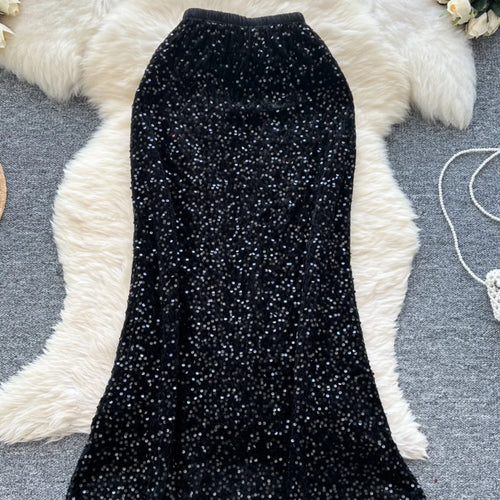 Load image into Gallery viewer, Korean Fashion Spring Black White Elegant Sequin Half Skirt Women Red Grey High Waist New Office Lady Wrapped Hip Fishtail Skirt
