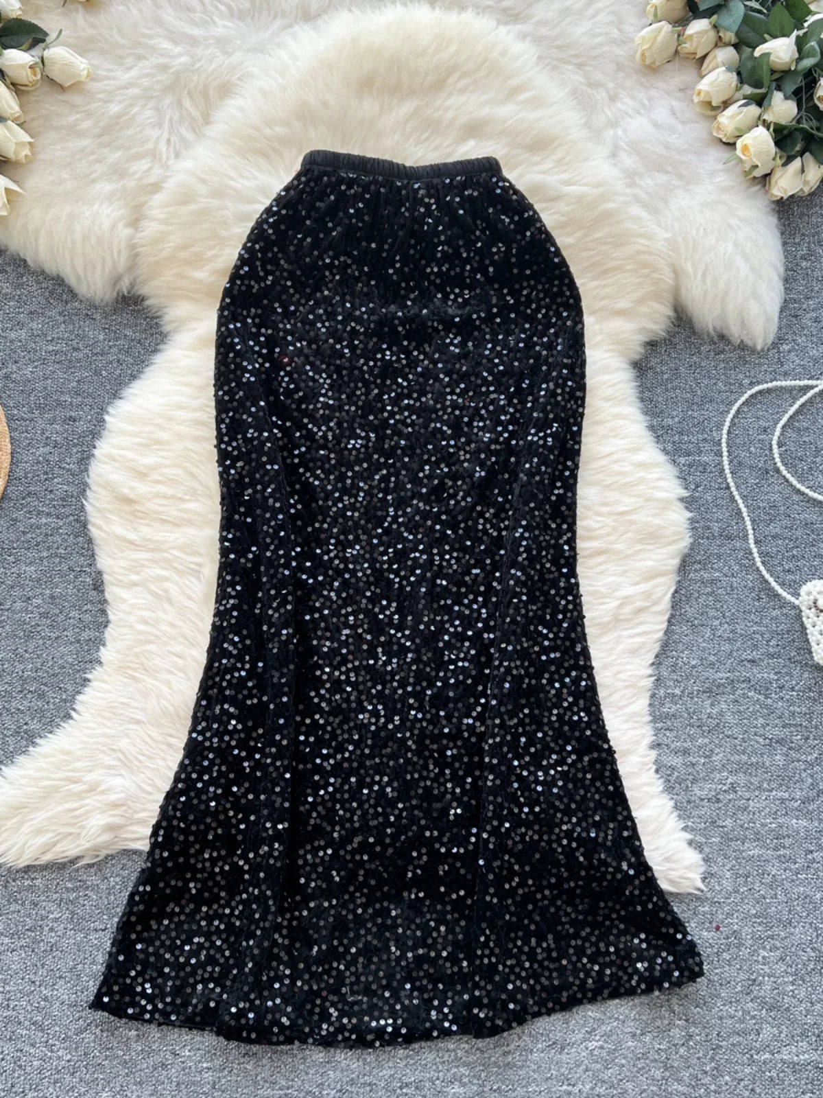 Korean Fashion Spring Black White Elegant Sequin Half Skirt Women Red Grey High Waist New Office Lady Wrapped Hip Fishtail Skirt