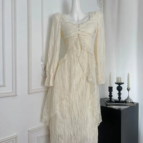 Load image into Gallery viewer, Vintage Women Beige Sequined Lace Pearl Elegant Ruffle Edge Dress Autumn Square Collar Long Sleeve Festival Party Evening Dress
