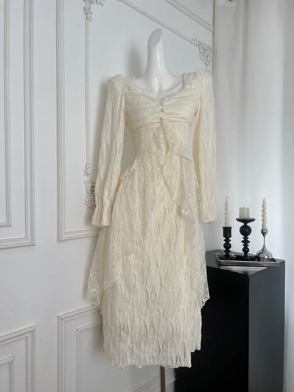 Vintage Women Beige Sequined Lace Pearl Elegant Ruffle Edge Dress Autumn Square Collar Long Sleeve Festival Party Evening Dress