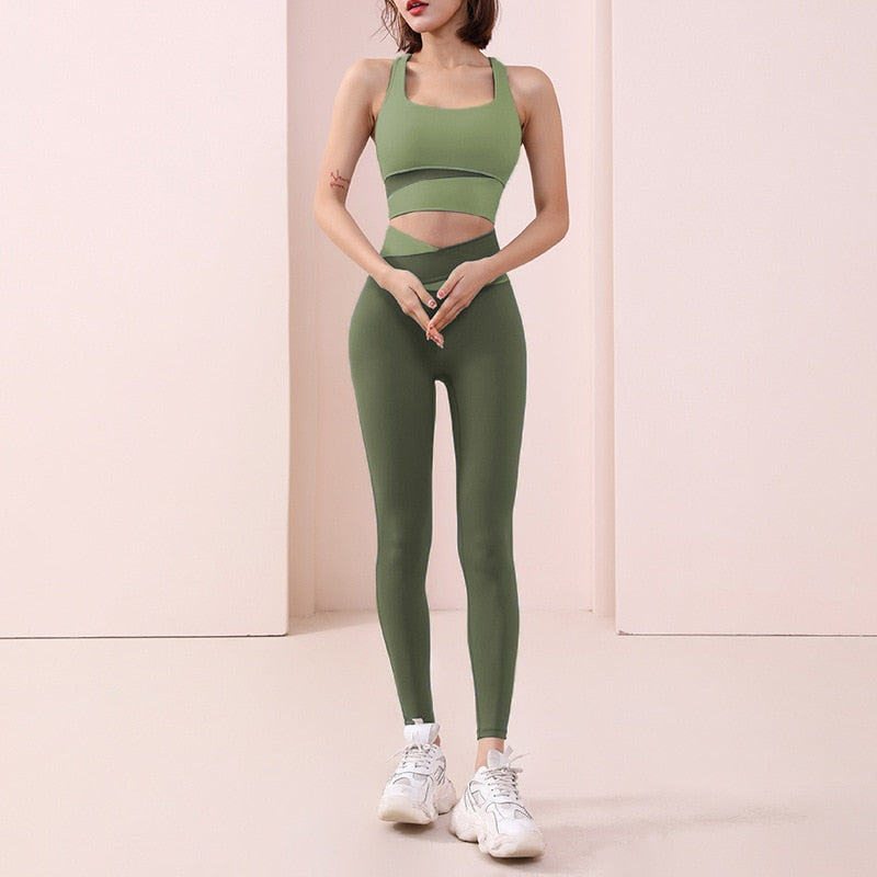 Women Sportswear Suit Bandage Patchwork Sports Bra Sexy High Waist Leggings Workout Athletic Fitness Clothing Two Piece Yoga Set