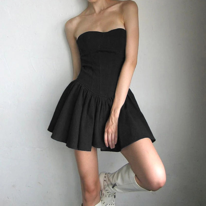 Fashion Strapless Black Birthday Pleated Dress Women Off Shoulder Folds Summer Party Dresses Mini Elegant Sexy Corset