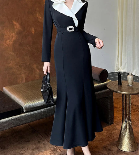 Hit Color Slimming Spliced 3D Flower Temperament Dresses for Women Lapel Long Sleeves High Waist Dress Female New