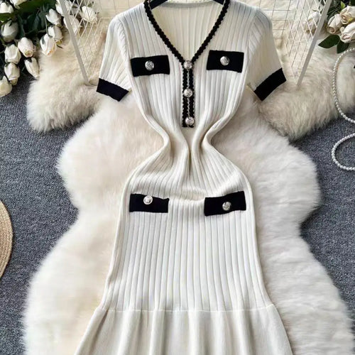 Load image into Gallery viewer, Summer Korean Patchwork V-neck Slim Ruffled Edge Pleated Short Sleeve Midi Dress Women Retro Festival Wrap Hip Knitted Dress Y2k
