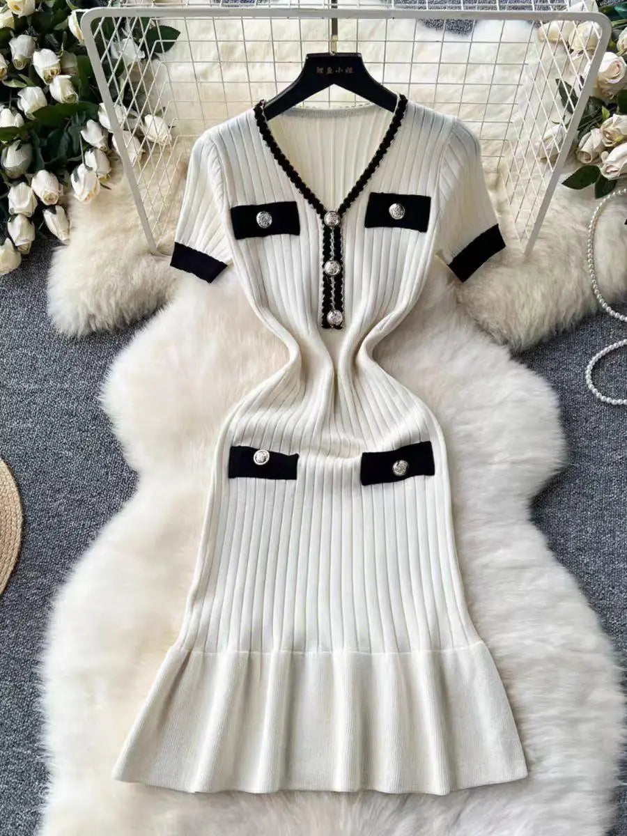 Summer Korean Patchwork V-neck Slim Ruffled Edge Pleated Short Sleeve Midi Dress Women Retro Festival Wrap Hip Knitted Dress Y2k