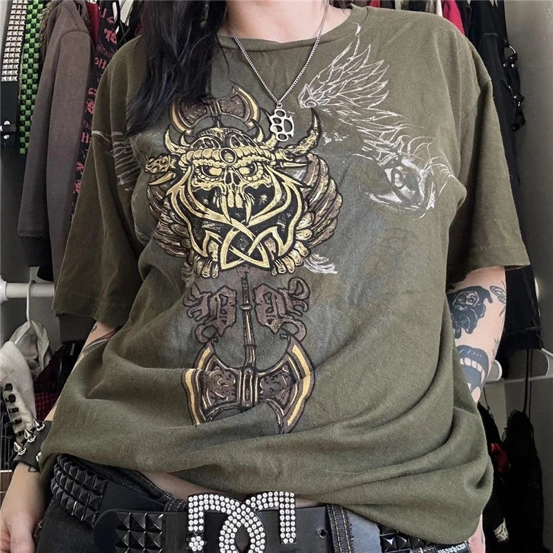 Gothic Punk T Shirt 2000s Women Graphic Print Round Neck Short Sleeve Tees Grungecore Clothing Cyber y2k Top Streetwear