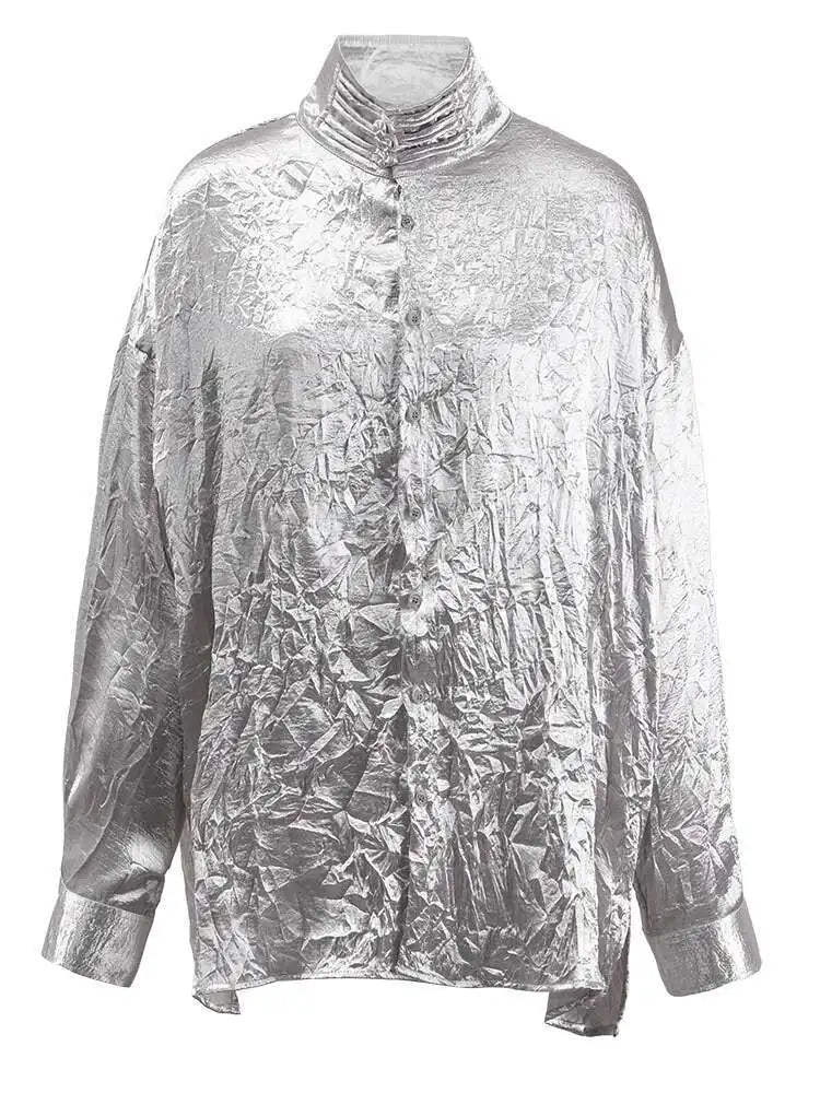 Women Black Pleated Buckle Big Size Vintage Blouse New Stand Collar Long Sleeve Shirt Fashion Spring Autumn 2025 CPG1416