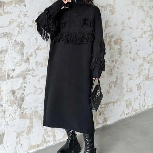 Load image into Gallery viewer, Women Black Tassels Knitting Big Size Midi Dress New Turtleneck Long Sleeve Loose Fit Fashion Spring Autumn 2025 1DH1601
