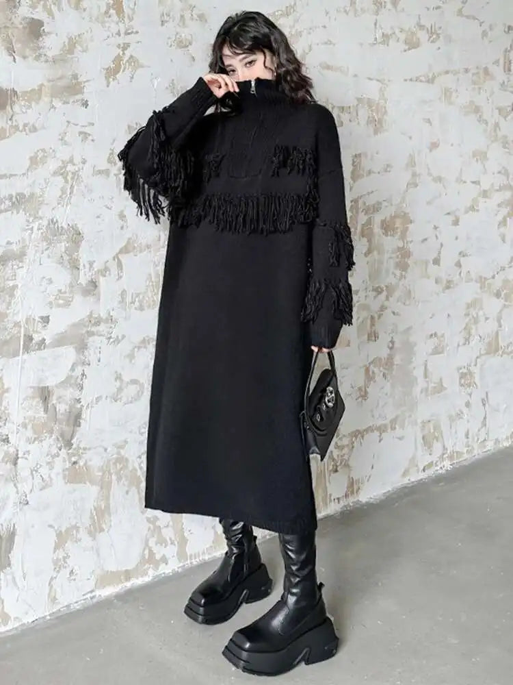 Women Black Tassels Knitting Big Size Midi Dress New Turtleneck Long Sleeve Loose Fit Fashion Spring Autumn 2025 1DH1601