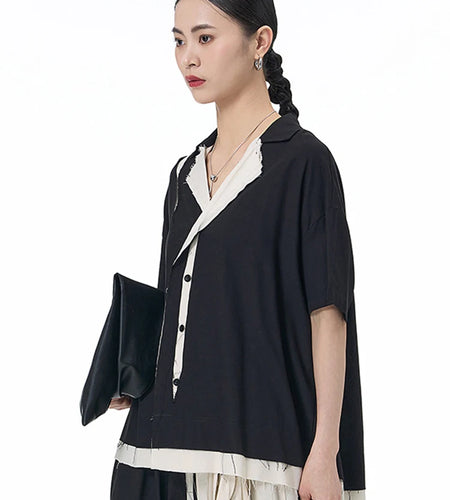 Women Black Color-block Burr Big Size Blouse New V-neck Short Sleeve Shirt Fashion Tide Spring Summer 2025 1DJ1493