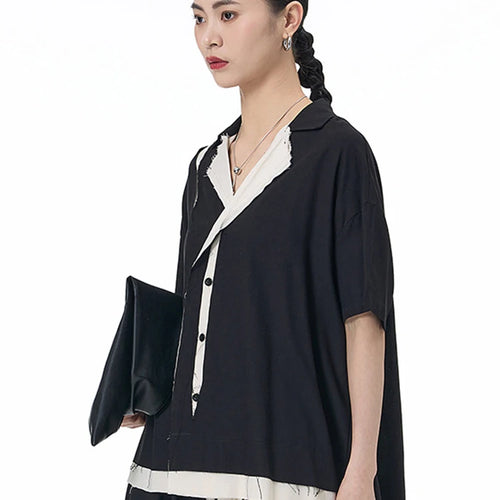 Load image into Gallery viewer, Women Black Color-block Burr Big Size Blouse New V-neck Short Sleeve Shirt Fashion Tide Spring Summer 2025 1DJ1493
