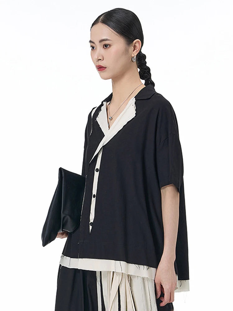 Women Black Color-block Burr Big Size Blouse New V-neck Short Sleeve Shirt Fashion Tide Spring Summer 2025 1DJ1493