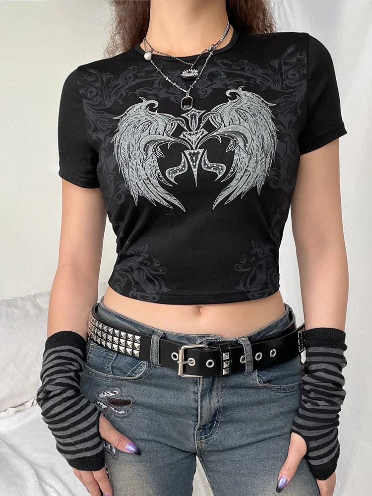 Mall Goth Grunge Fairycore Graphic Print Short Sleeve T-shirt Summer Tee Dark Academia Crop Tops Streetwear Aesthetic