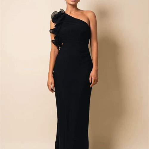 Load image into Gallery viewer, Shoulder Floral Mesh Ruched Sexy Maxi Dress For Women Gown Oblique Shoulder Sleeveless Backless Bodycon Long Dress
