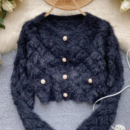 Load image into Gallery viewer, Female Women Fall Winter Solid Plush Mink Knitted Cardigan Sweater V-neck Long Sleeves Loose Single Breasted Jacket French Retro
