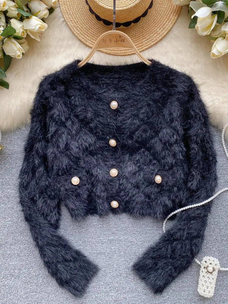 Female Women Fall Winter Solid Plush Mink Knitted Cardigan Sweater V-neck Long Sleeves Loose Single Breasted Jacket French Retro