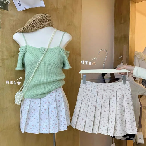 Load image into Gallery viewer, Women's Sweet White Floral Pleated Mini Skirts 2024 Summer Elegant High Waist A-line Short Skirt Fresh Style Streetwear Fashion
