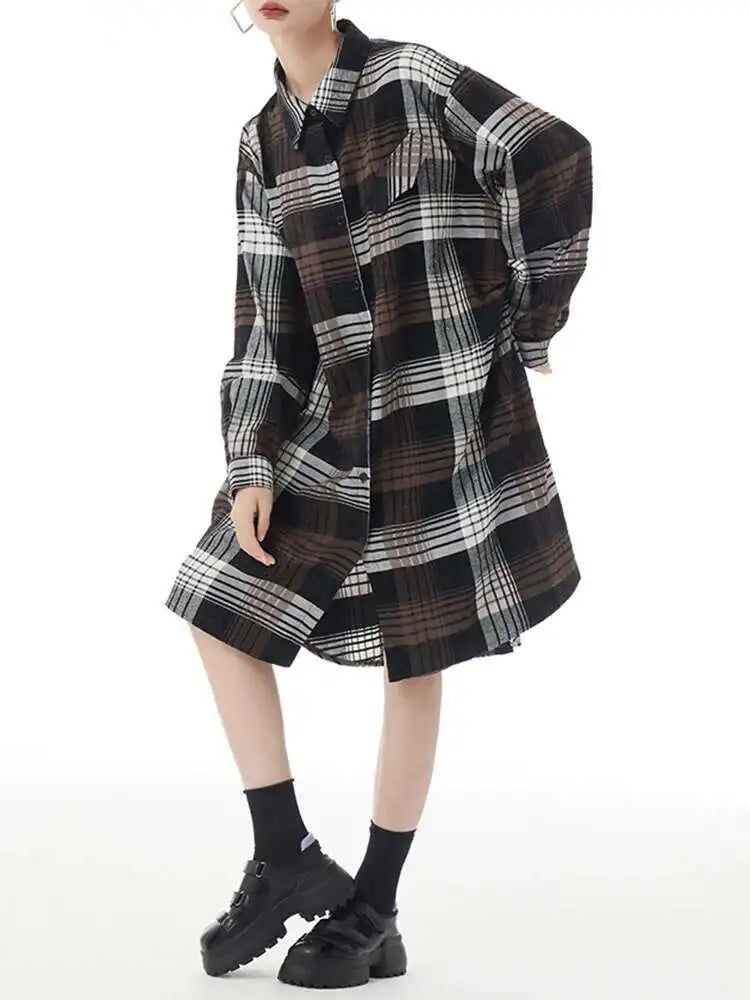 Women Plaid Big Size Knee-Length Shirt Dress New Lapel Long Sleeve A-line Loose Fit Fashion Spring Autumn 2025 1DH2091