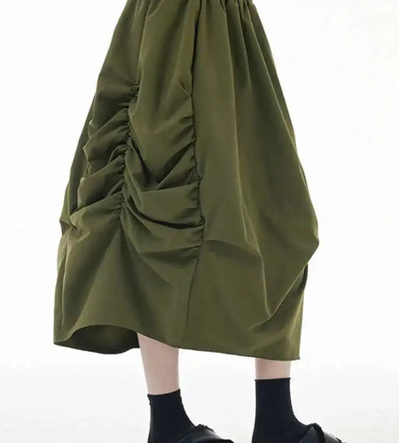 High Elastic Waist Army Green Pleated Irregular Midi Half-body Skirt Women Fashion Tide New Spring Autumn 2025 1DH7789