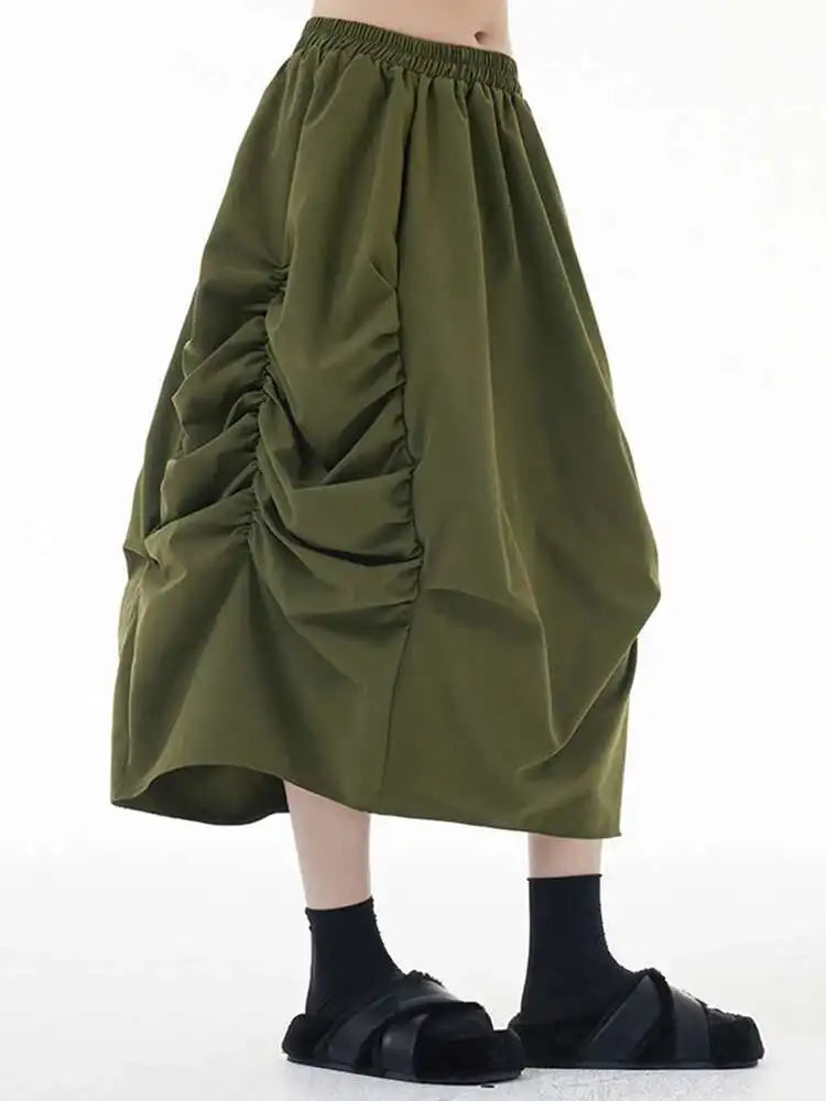 High Elastic Waist Army Green Pleated Irregular Midi Half-body Skirt Women Fashion Tide New Spring Autumn 2025 1DH7789