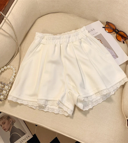 Spring Summer Elegant Lace Patchwork Pleated Shorts Women Clothes Casual Elastic High Waist Party Mini Wide Leg Shorts Versatile