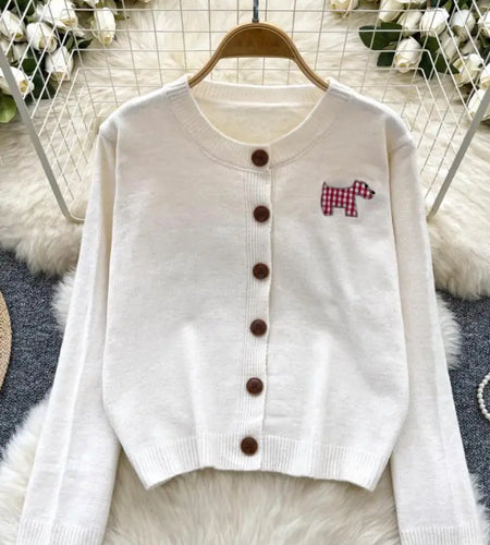 Women Ladies Fashion Embroidery Cardigans Tops Spring Autumn Y2k Vintage Round Neck Single Breasted Short Knitted Sweater Street