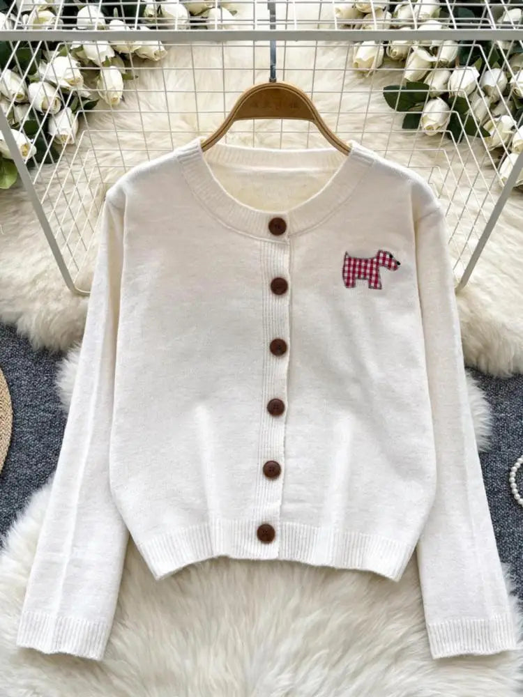 Women Ladies Fashion Embroidery Cardigans Tops Spring Autumn Y2k Vintage Round Neck Single Breasted Short Knitted Sweater Street