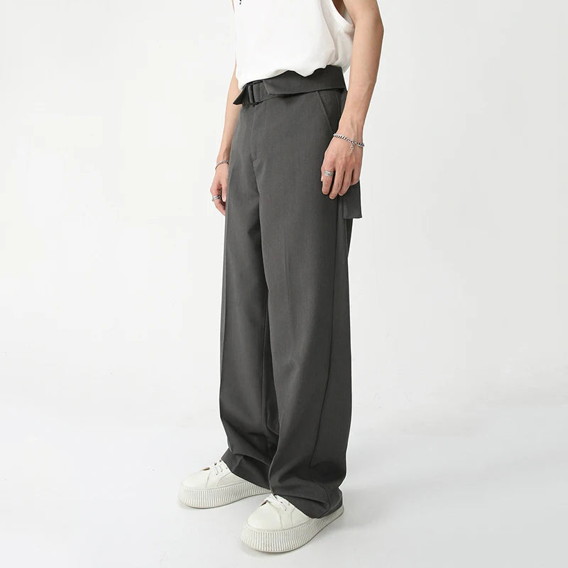 Minimalist Men's Suit Pants Casual Belt High Waist Solid Color Bottom Straight Wide Leg Loose Male Trousers Autumn 9S8