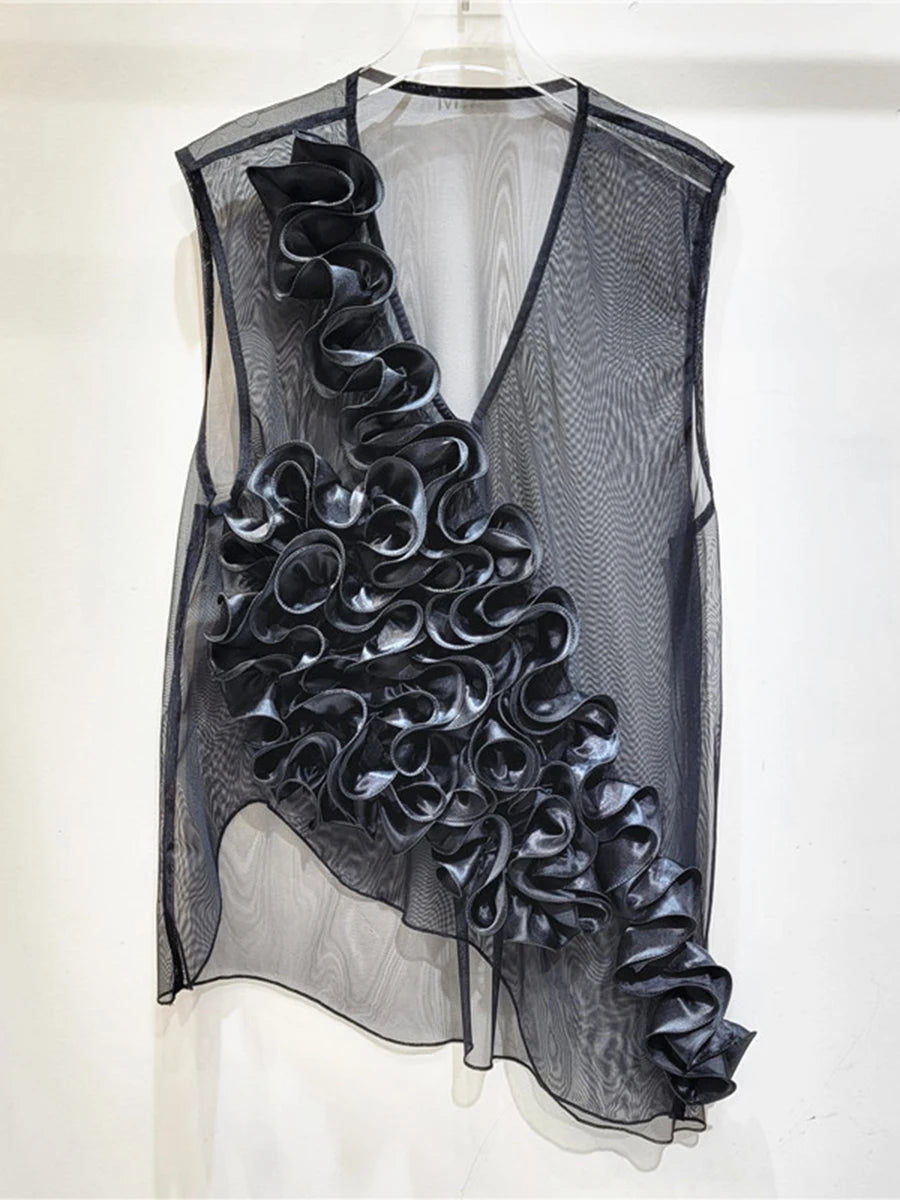 Solid Spliced Appliques Slimming T Shirts For Women V Neck Sleeveless Minimalist Elegant T Shirt Female Clothes New